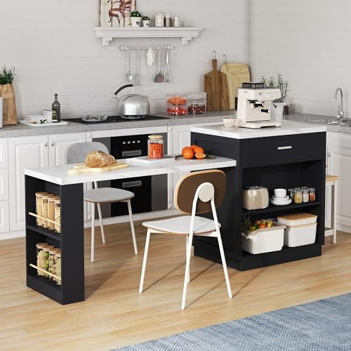 MURUL Isla de cocina con mesa de comedor extensible para 4-6 personas, mesa de cocina bicolor con enchufe, armario de almacenamiento, 2 estantes abiertos lateralmente, 2 cajones (negro)