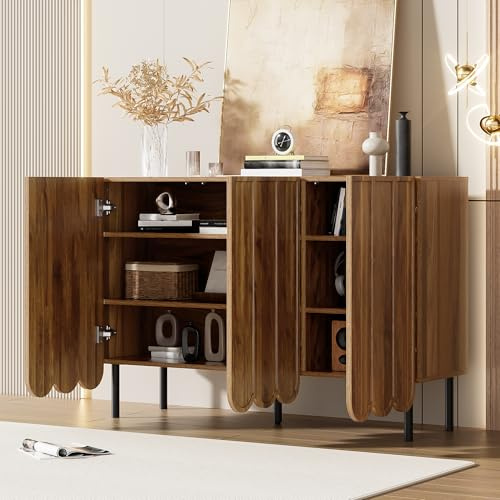 Aparador moderno con puertas onduladas, 120 x 35 x 80 cm, sin asas, estantes ajustables, espacio de almacenamiento para salón, pasillo y comedor (color nogal)