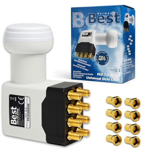 Octo LNB Satelliten LNC Kopf für 8 Teilnehmer – Direktanschluss, LTE-geschützt, Full HD / 3D / 4K UHD, vergoldete Anschlüsse, Wetterschutz, Weiß/Schwarz + 8X vergoldete F-Stecker