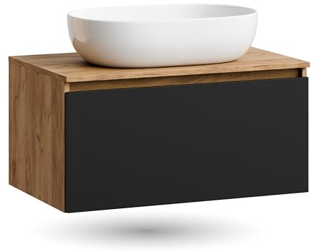 Planetmöbel Arisa Waschtisch mit Unterschrank 80 cm Gold Eiche | schwarz, Waschbecken 60 cm weiß, Raumsparsiphon