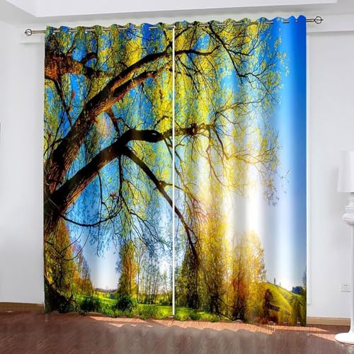 Wycian Fertiggardinen Vorhang Blau Grün Gelb 2 Er Polyester Sonnenscheinbäume H244 X B244Cm für Schlafzimmer