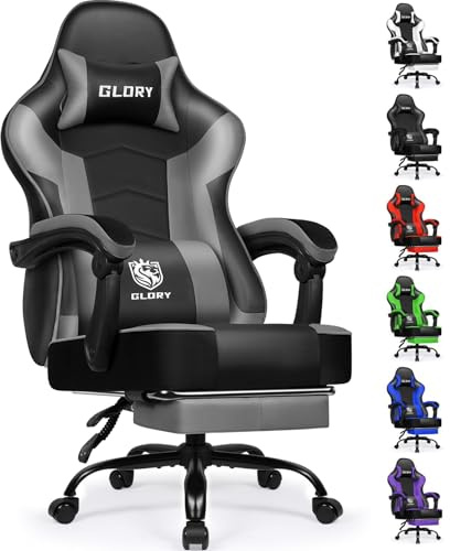 minnouat Gaming Stuhl Ergonomischer mit Fußstütze, Gamer Stuhl 150 kg Belastbarkeit, Gaming Chair Bürostuhl aus Kunstleder, 360° leise Rollen, PC Zockerstuhl für Jugendliche Erwachsene, Grau