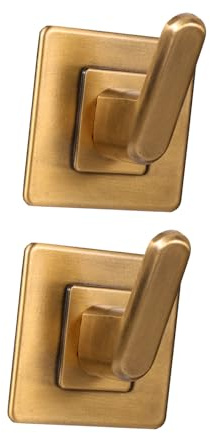 JOINPAYA Ganchos Adhesivos de Pared para Baño y Cocina Dorados, 2 Piezas | Aluminio Espacial, Base Cuadrada Grande y Diseño Curvo, Instalación Autoadhesiva sin Clavos ni Marcas