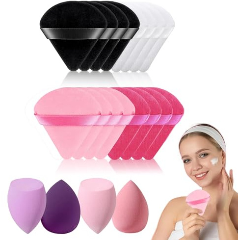 Ruvan 12 Stück Dreieck Makeup Puderquaste, 4 Stück Make up Schwamm, Waschbar Wiederverwendbar Makeup Sponge, Für Loses Puder Oder Foundation Rouge, Nass Trocken Make up Werkzeug