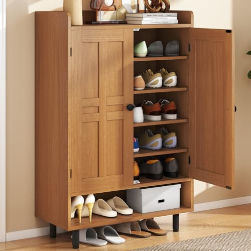 Hawthyhome Walnuss Schuhschrank Holz mit Türen, 7+1 Ebenen Shoe Cabinet im Landhausstil, Flurschrank mit Verstellbaren Ablagen für Flur, Wohnzimmer & Schlafzimmer, 75x35x115cm