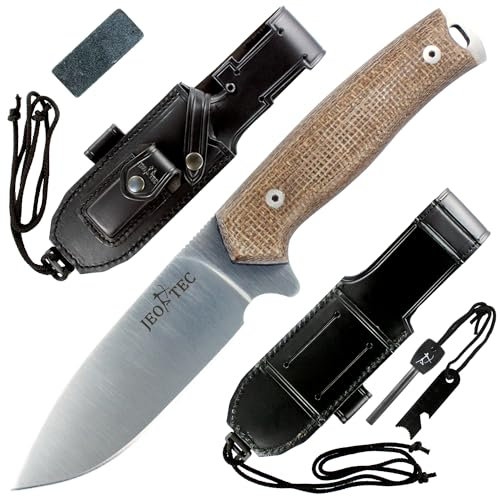 JEO-TEC Nº21 Cuchillo supervivencia caza monte bushcraft camping outdoor campo - Funda de piel con pedernal y piedra afilar incluidos - Acero BÖHLER N690C - Fabricado en España