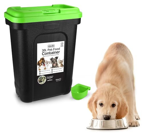 ASAB Pet Food Storage Container Large 30L/15kg Plastic Food Storage Container With Integrated Food Scoop and Flip Top Locking System Perfect for Dog Treats Dog Food and Kitten Food (Green, Large)
