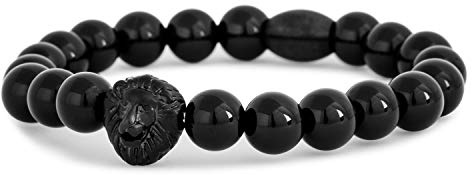 Akitsune Regis Perlen-Armband - Armschmuck Damen Herren Onyx Löwe - Mattschwarz Schwarz - 18cm