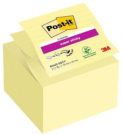 Post-it Super Sticky Z-Notes Im Großformat XL, Gelb, Liniert, 5 Blöcke (101 mm x 101 mm) 90 Blatt pro Block - Selbstklebende Notizzettel für Notizen, To-Do-Listen und Erinnerungen