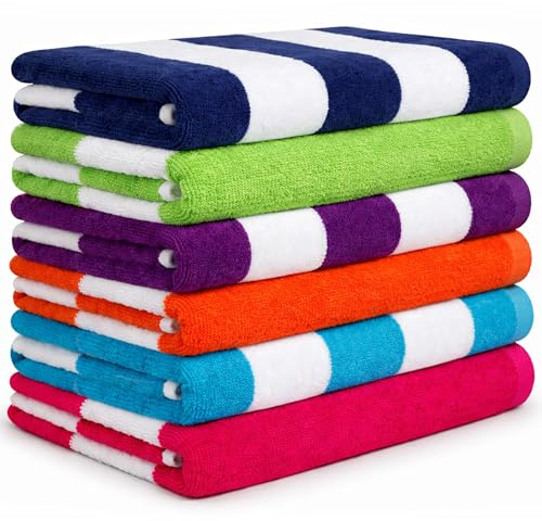 BolBom*S Beach Towels 6 Pack Large 30x60-100% Cotton Beach & Pool Towels Bulk Cabana Stripe - Quick Dry Bath Towel Set for Swim, Beach Essentials, Bathroom, Hot Tub, Yoga, Hotel & Airbnb Guests