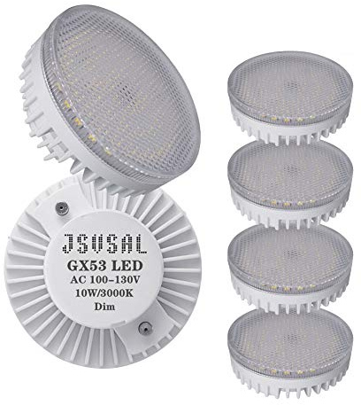 JSVSAL Dimmable GX53 LED Light Bulbs, Aluminum Casing,10W 120V Soft White 3000K Downlight Lamp for Cabinet, Showcase,Kitchen,Under Cabinet Counter Lighting,Pack of 4