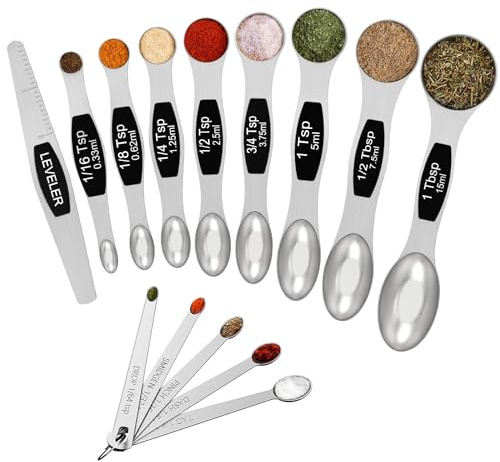 Wildone 14 Pack Stainless Steel Measuring Spoons Set, Including 8 Double Sided Magnetic Measuring Spoons(Black), 1 Leveler & 5 Mini Measuring Spoons, for Dry & Liquid Ingredients, Fits in Spice Jar | Including 8 Double Sided Magnetic Measuring Spoons, Leveler and 5 Mini Spoons for Spice Jar and Liquid Measuring, Black