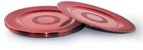 Cheerful Bargains Set of 6 33cm Round Plastic Charger Plates, Red | Decorative Tableware for Dinner Plates | Textured Rim Placemats for Table Decorations | Durable & Reusable Dinnerware Plate Set