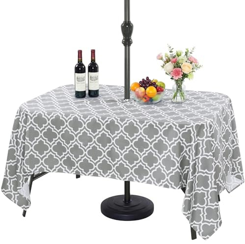 Eternal Beauty Rechteckige Tischdecke für drinnen und draußen, spritzwassergeschützt, mit Schirmloch und Reißverschluss, für Terrasse, Garten, Party und Grill, 132 x 178 cm, Grau)