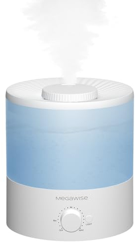 MEGAWISE 1,5 L cool dimluftfuktare för sovrum, hem, kontor och växter, diffusor för eteriska oljor med justerbar dimutgång, 25 dB tyst ultraljud, upp till 10 timmar, lätt att rengöra