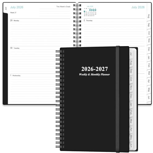 2024-2025 planerare – A5 vecko- och månadsplanerare och dagbok för att spåra mål, juli 2024 – juni 2025, 6,3 tum x 21,5 cm med flexibelt fodral, flikar, stark tvillingtrådbindning, innerficka, svart