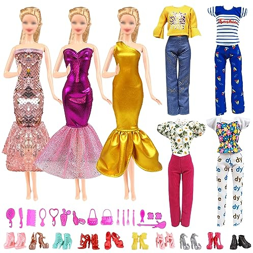 37 Kleidung Zubehör Kleider Kompatibel mit Barbie Puppen, Puppenzubehör mit 3 Kleid + 4 Oberteile + 4 Hosen + 10 Paar Schuhe + 16 Schmuck Zubehör für 11,5 Zoll Mädchen Puppen