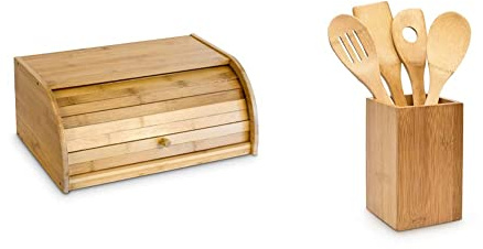 Relaxdays Brotkasten Bambus HBT: 16,5 x 40 x 27,5 cm Rollbrotkasten, natur & Küchenhelfer Bambus 5-teilig je 30 cm als Kochlöffel Set aus Holzlöffel Rührkelle Lochkelle 16 x 10 x 10 cm, Natur, Braun