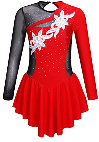 Aislor Tanzkleid Mädchen Eiskunstlauf Kleid Pailletten Ballettkleid Langarm Tanztrikot mit Mesh Rock Ballettkleidung Skating Kleider Tanzkostüm Rot 122-128
