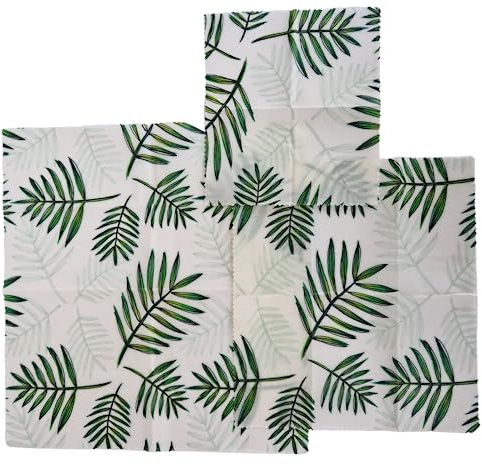 Återanvändbara, organiska, naturliga bivaxsmörgåsomslag – set med 3 – mönstrad design (gröna blad)