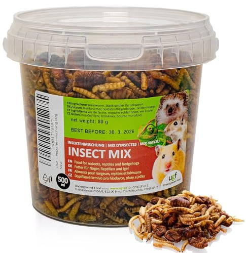 UGF - Mix di insetti - 80 g in un secchio da 500 ml, cibo per ricci, cibo per gerbilli, cibo per criceti, ratti, lucertole - vermi della farina, larve di mosca soldato nera, bachi da seta