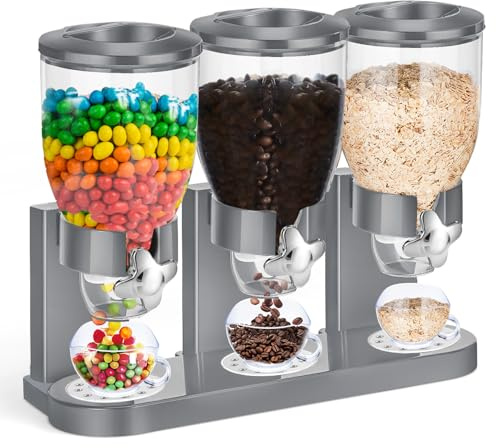 Umigy 1 Pack Triple Indispensable Dry Food Dispenser 67oz Each Capacity Cereal Container for Storage Preserving Dispensing Kitchen Rice Candy Nuts Dog Food Granola Snack Gumball Countertop (Gray)