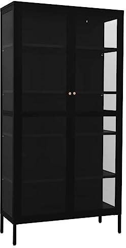 Hommdiy Vitrine mit 4 Regalfächern Highboard Hochschrank Standvitrine Glasvitrine Bücherschrank Schwarz 90x40x180 cm Stahl und Gehärtetes Glas