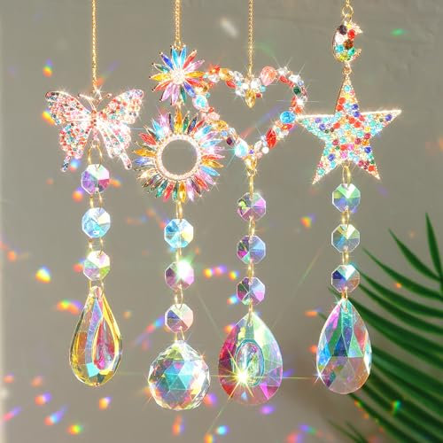 Acchiappasole Cristallo,4 Pezzi Crystal Suncatcher,Appendere Vetro Acchiappa Sole,Pendenti Prismi Cristallo,Appeso Arcobaleno Prisma Finestra,Pendenti Suncatcher Decorazione per Casa Giardino Nozze