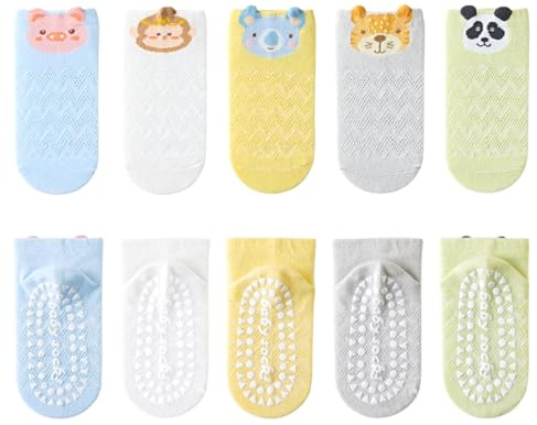 Silkglory Chaussette Antiderapante Bebe,5 Paires Sans Couture de Motifs d'animaux Mignons Coton Chaude Chaussettes Antidérapantes Enfant 1-8 Ans