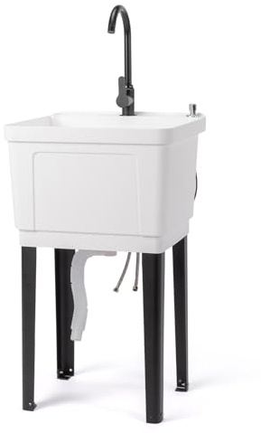 VINGLI 13-Gallon Utility Sink Laundry Tub for Washing Room, Freestanding Utility Sink with Stainless Steel Faucet, (White, 19.7W x 18.9D x 33H)