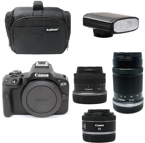 KamKorda Camera Bag + Flash + R50 Mirrorless Camera + RF-S 18-45mm + RF-S 55-210mm + RF 50mm f/1.8 STM lenses, 24.2MP APS-C CMOS Sensor, UHD 4K Video + 2 Year Warranty