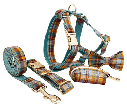 UOSIA No Pull Dog Sele Klassisk rutig valpsele och koppel Set med fluga Flyktsäker justerbar mjuk hundväst med bajspåse för små medelstora hundar