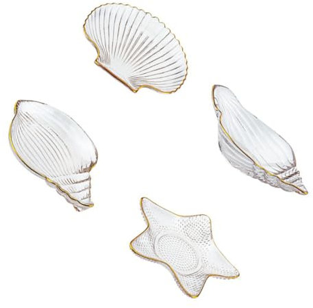 CIYODO Plateau D'étoile de Mer en Verre Transparent Bord Doré Multifonction Lot de 4 Pièces Coquillage et Conque de pour pour Présentation et Rangement de Bijoux Présentation Rangement Bijoux