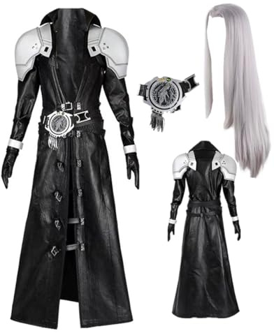 MANMICOS US Size Anime Sephiroth Cosplay Kostüm Herren PU Leder Lange Jacke Party Anzug