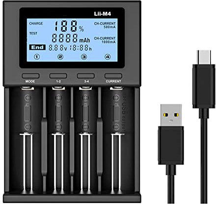 Cargador inteligente con pantalla LCD, cargador de batería universal para baterías recargables, baterías de iones de litio, 18650 (4 ranuras), cargador de batería 18650, 4 bahías rápido con batería