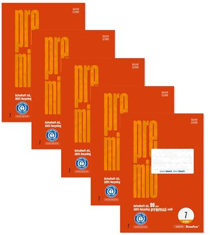 Staufen premio Schulhefte - 5 Hefte je 32 Blatt, Lineatur 7, DIN A5, 90 g/m², kariert 7 mm