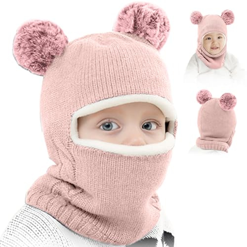 RoserRose Baby Wintermütze Kindermützen Winter, Kinder Schlupfmütze Jungen und Mädchen Schalmütze, Winddicht Kälteschutz Strickmütze Warm Beanie Mit Bommel für Kinder Baby 2-7 Jahre, Rosa