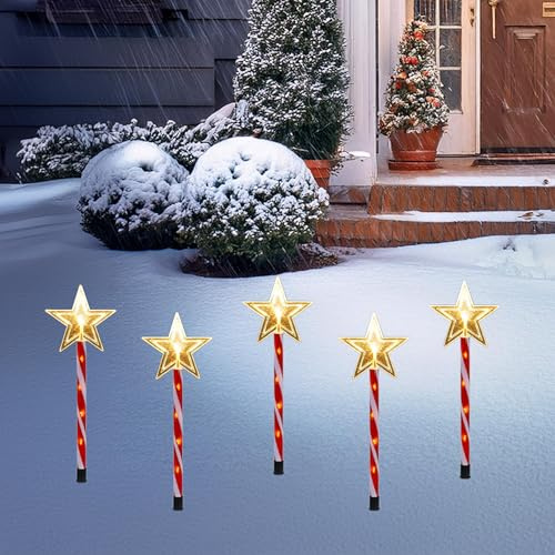 LED Gartenstecker 5er Set Stern rot/weiß mit Timer - je 50 cm | Garten Deko, Weihnachts Beleuchtung warm weiß, Weihnachten Winter Advent Dekoration, für Außen