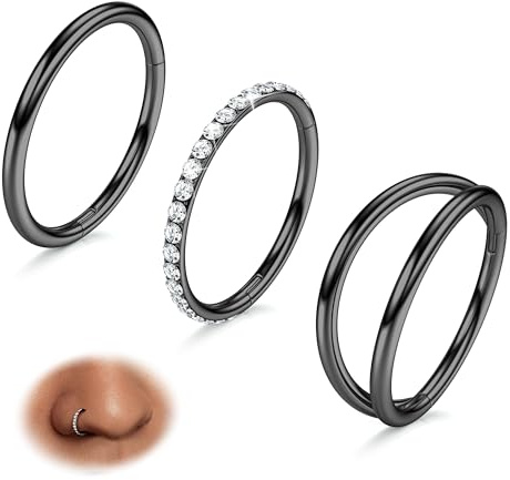 3 Stk 316L Edelstahl 16/18/20G CZ Nasenpiercing Ring Nasenring Schmuck | 14K Vergoldete Reifen Hypoallergen für Frauen und Männer, Septum Helix Conch Tragus Daith, Schwarz, Rosegold, 7/8/9/10mm