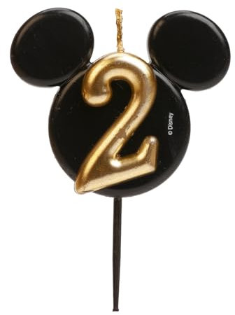 dekora - Candeline di Compleanno di Topolino - Candele di Disney di Cera di Paraffina Senza Fragranza - Candela di Compleanno con Orecchie di Mickey Mouse Nero e Oro - 8,5 cm - Candeline Numero 2