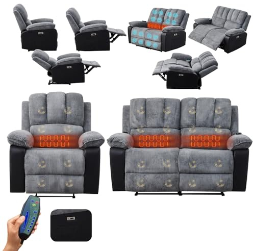 LSBIKE Recliner Sofa 2 Seater Sofa Set Jumbo Cord Fabric 3 Seater 2 Seater 1 Seater Sofa Set with Massage& Heat USB Ports Dual Side Pockets Recliner Armchair for Living Room (3 Seater)