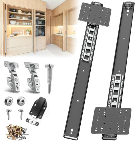 JAXYOOM 24inch Pocket Door Hardware Slide with Hinge for Cabinets 1 Set | Hidden Sliding Pivot Door Rail for Heavy Duty Furniture,Soft Close Retractable Kit for Kitchen & Recessed Wardrobe