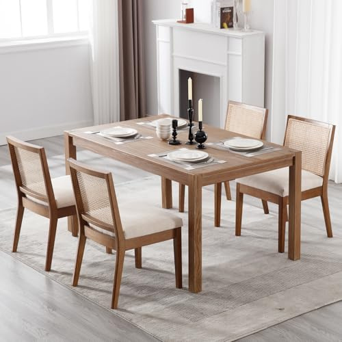 DAYALANE Mid-Century matstolar set med 4, rottingstol med ryggstöd och stoppat linne säte, accentstolar i trä för matsal kök vardagsrum beige