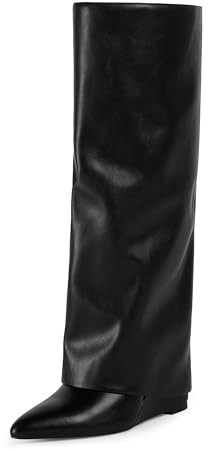 Modatope Black Slouchy Fold Over Knee High Boots for Women 2025 Pointed Wedge Heeled Fall Tall Boots Shark Long Boots Size 7.5