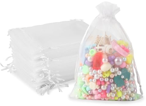 100PCS Sachet Organza Blanc 10x15cm - Pochette Cadeau avec Cordon Pochon Bijoux, Mariage & Lavande Petit Sac à Bonbons, Cadeaux d'Anniversaire