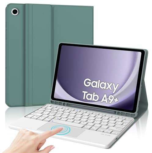 IVEOPPE Funda Teclado para Samsung Galaxy Tab A9+/A9 Plus 11 Pulgadas 2023 | Capa Keyboard Touchpad QWERTY Español Ñ, Bluetooth Magnético Desmontable Recargable Teclado con Portalápices, Verde oscuro