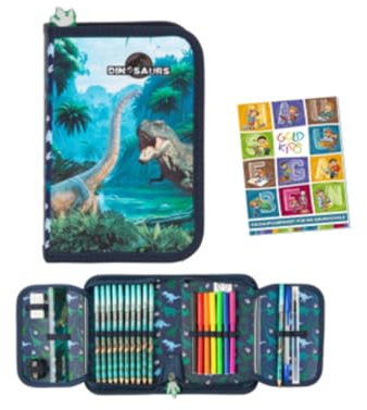 Goldkids - Federmäppchen 1 Fächer - Mäppchen für Mädchen und Jungen - Federmappe 1-Fach Federtasche Gefüllte Schüleretui - Schulmäppchen und Hausaufgabenheft - Dinosaurier Motiv
