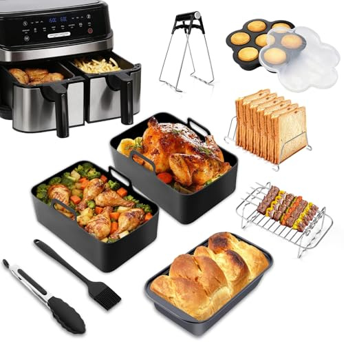 Bestdin Silicone Air Fryer Liners for Ninja - 14Pcs Air Fryer Accessories for Ninja Foodi AF300UK/400UK and Other 7.6L-9.5L Dual Zone Fryers, Reusable & Heat Resistant, Dishwasher Safe