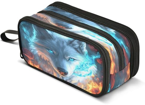 Mnsruu Federmäppchen mit Wolfsmotiv, Motiv: Feuer, Rose, Wölfe, großes Fassungsvermögen, Stifteetui, 3 Fächer, große Stiftebox für Jungen und Mädchen, Schule, Aufbewahrungs-Organizer