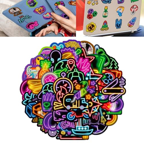 Neon Stickers, 100-Pack Assorted Die-Cut Graphic Decals for Crafts | Bright Multicolour Motifs On Black Backgrounds, Rockets, Mushrooms, Stars And More, For Journals, Laptops, Bottles And Bikes